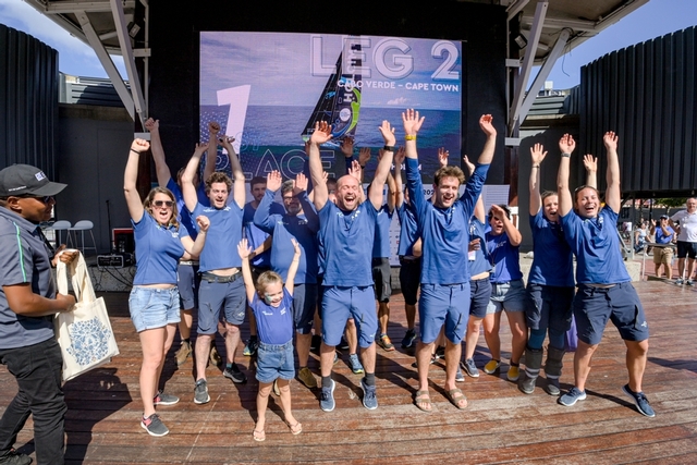 12 February 2023, The Ocean Race Leg 2 arrivals to Cape Town. Team Holcim - PRB celebrates on stage in the V+A Waterfront after winning Leg 2. (12 February 2023, The Ocean Race Leg 2 arrivals to Cape Town. Team Holcim - PRB celebrates on stage in the 